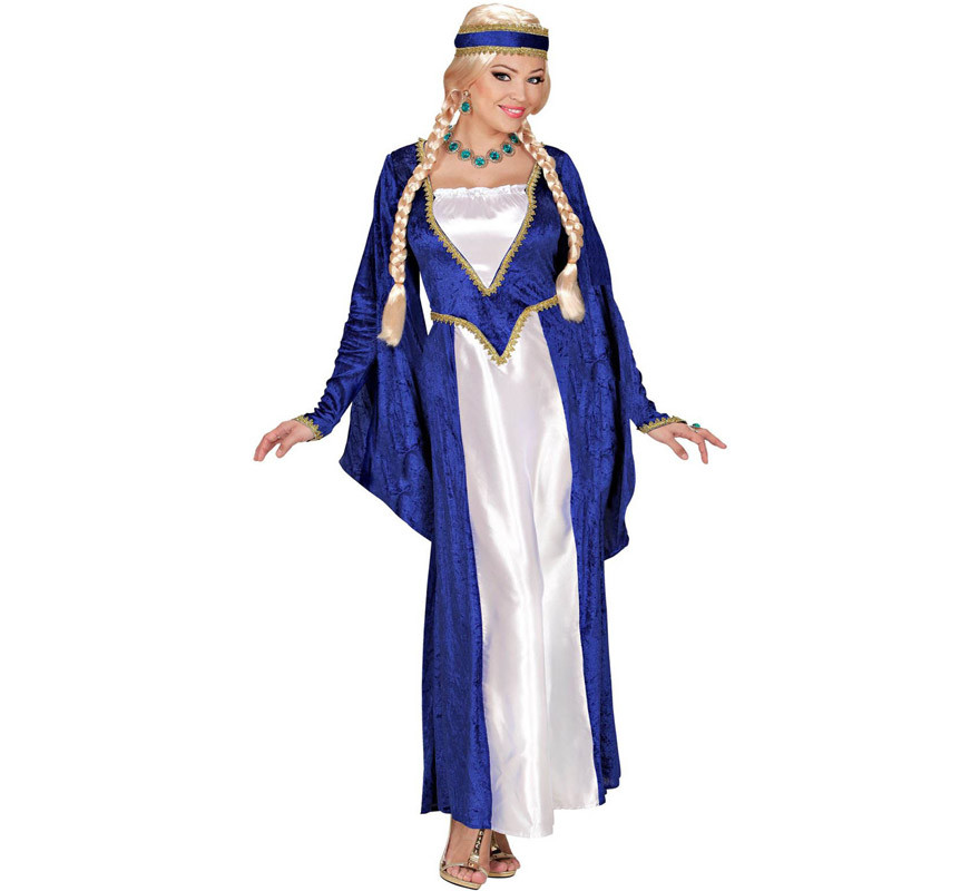Fato de rainha renascentista de veludo azul feminino-B