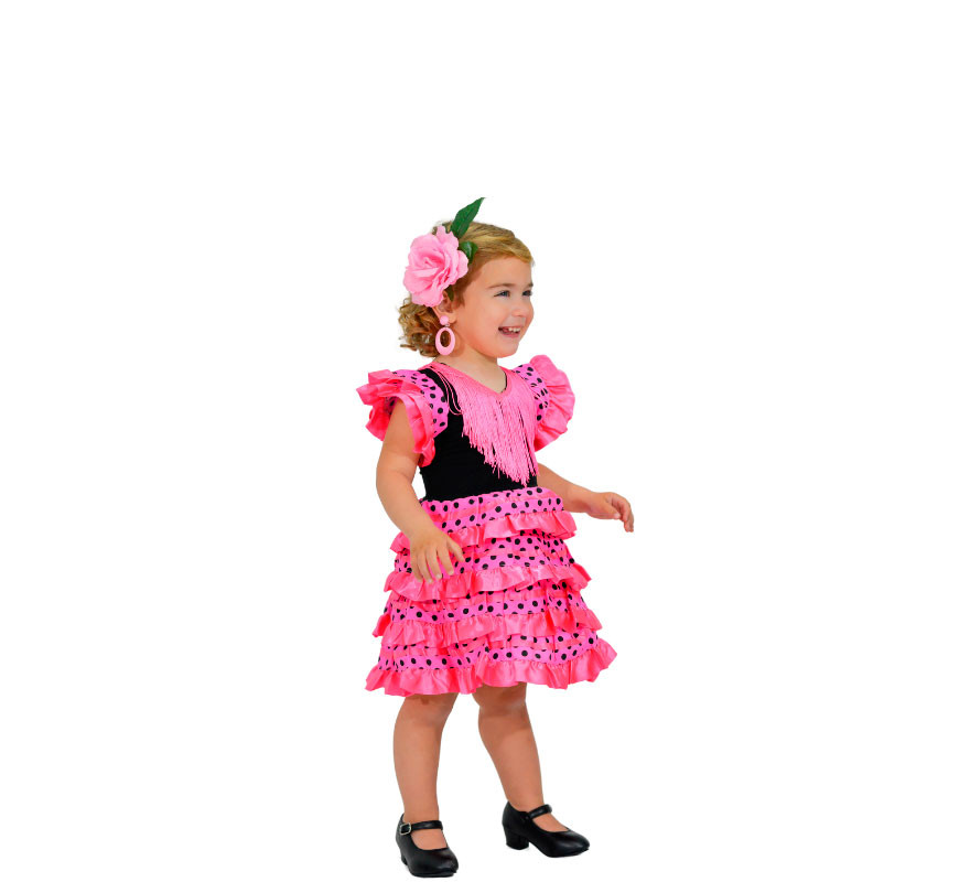 Klassisches Sevillana-Kostüm in Fuchsia mit schwarzen Punkten für Mädchen-B