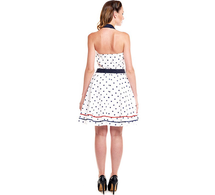 Fato de vestido de bolinhas brancas anos 50 feminino-B