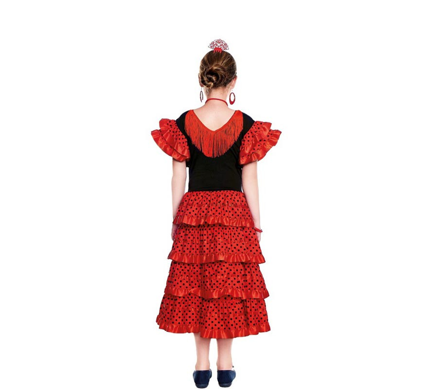 Costume vestito Sevillana rosso con pois neri per ragazza-B
