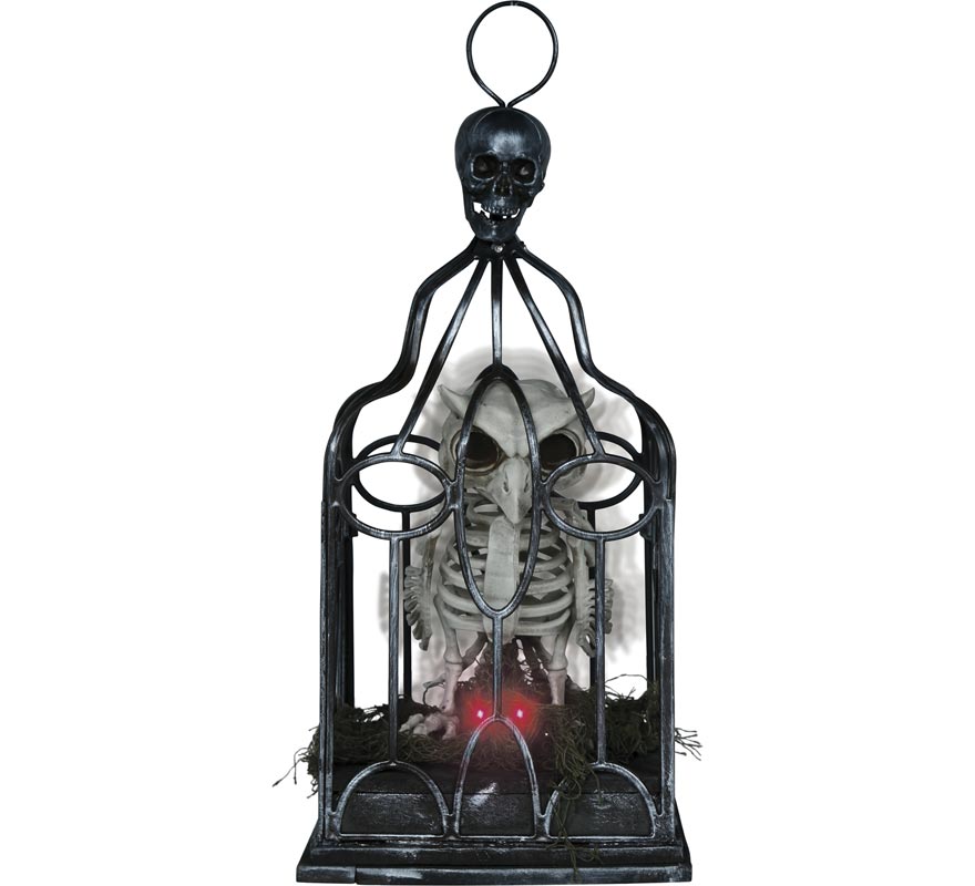 Esqueleto de coruja em gaiola com som, luz e movimento, 33 cm-B