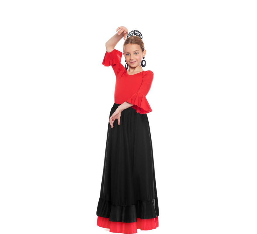 Sevillana-Rock mit doppelter schwarzer und roter Rüsche für Mädchen-B