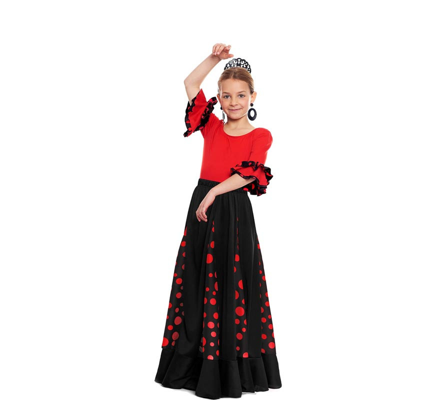 Falda Sevillana de Quillas con Lunar negro y rojo para niña-B