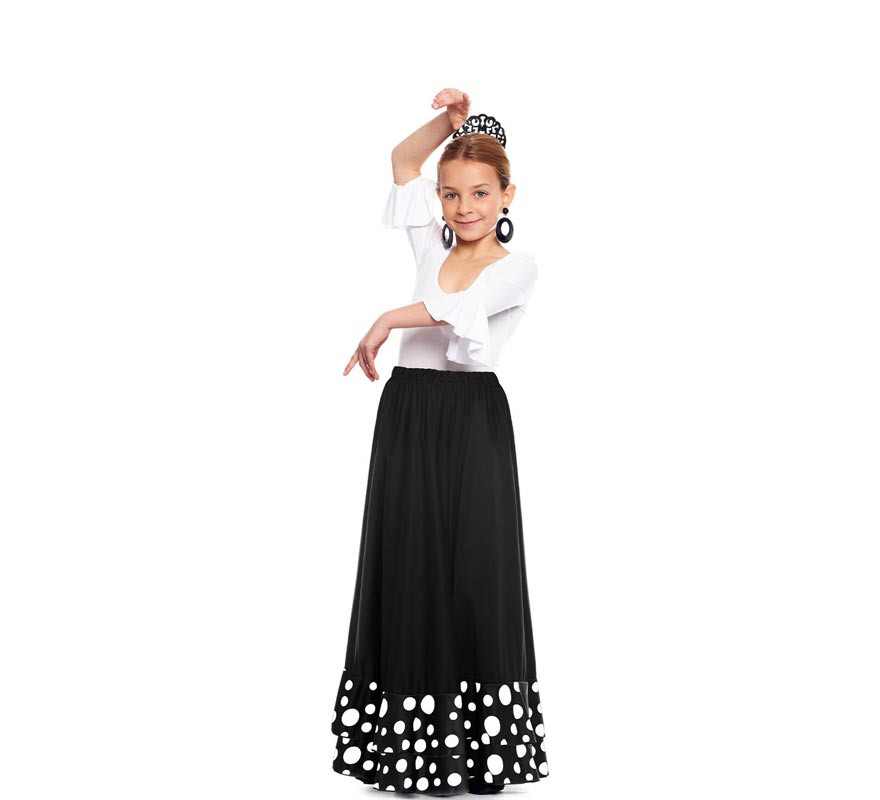 Sevillanischer Doppelrüschenrock mit schwarz-weißen Punkten für Mädchen-B
