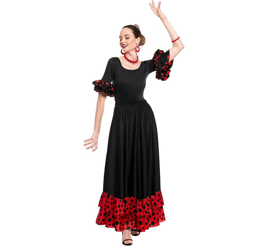 Falda de Flamenca / Sevillana con Volantes para Niña y Mujer Color Negro  Lunares Fucsia