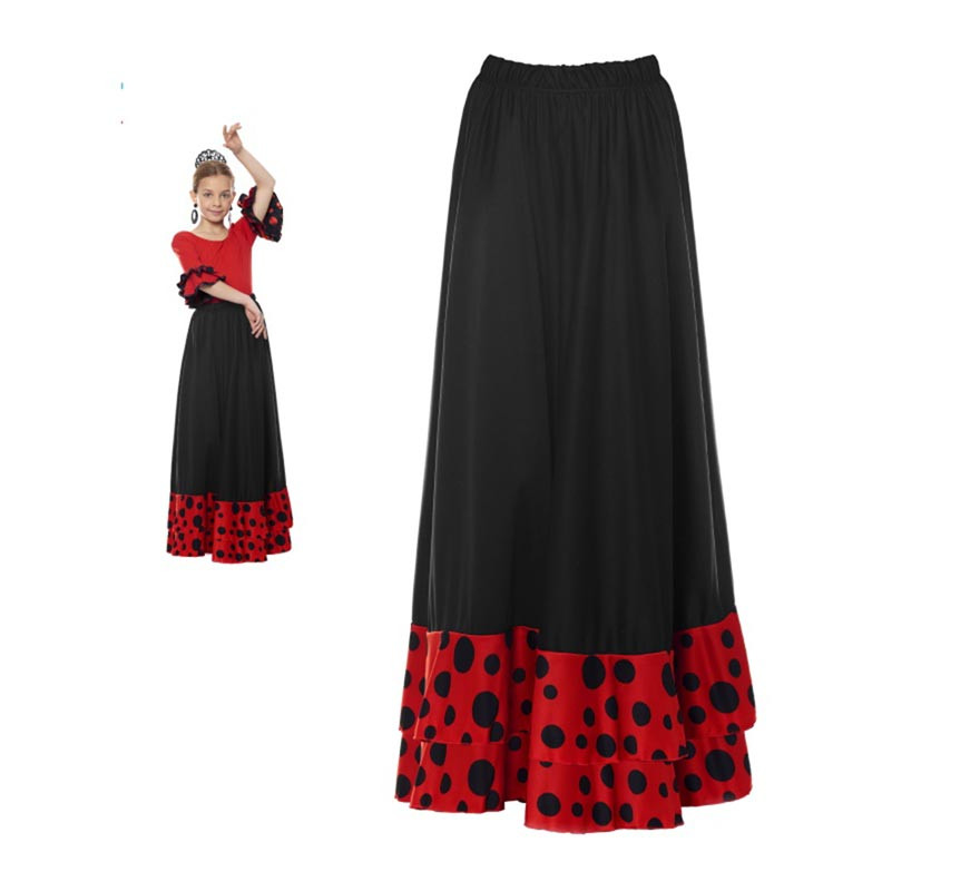 Sevillanischer Doppelrüschenrock mit roten und schwarzen Punkten für Mädchen-B