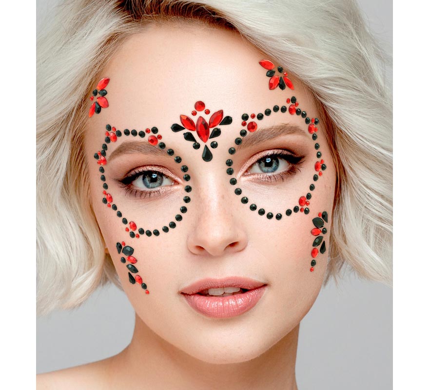 Gemas Faciales Adhesivas de Día de Los Muertos rojo y negro-B