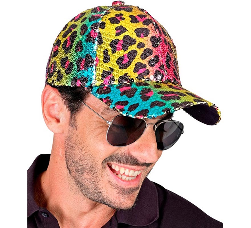 Rainbow Leopard Animal Print Cap with Sequins-B