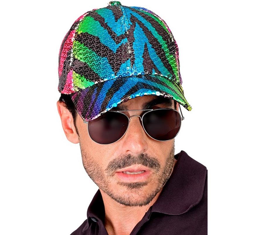 Rainbow Tiger Animal Print Cap with Sequins-B