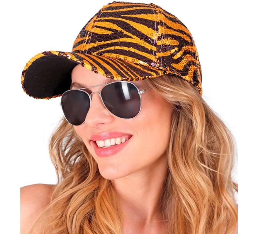 Tiger Animal Print Cap with Sequins-B