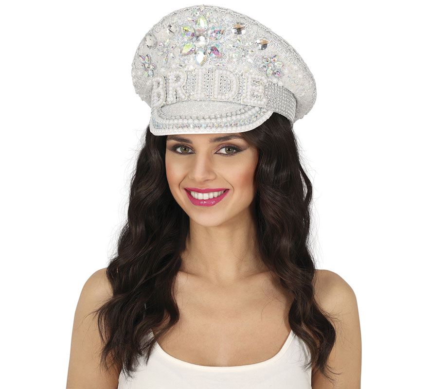 Gorra de Policía plateado Bride con pedrería adulto-B