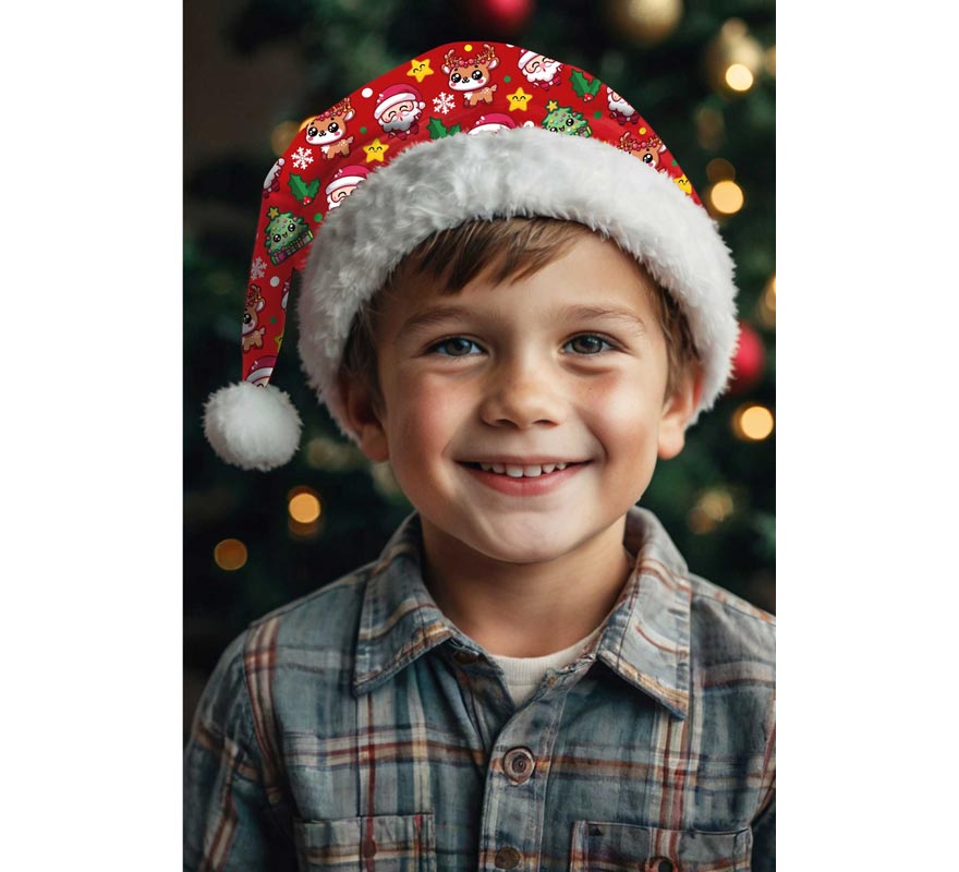 Red Christmas Printed Hat for Children-B