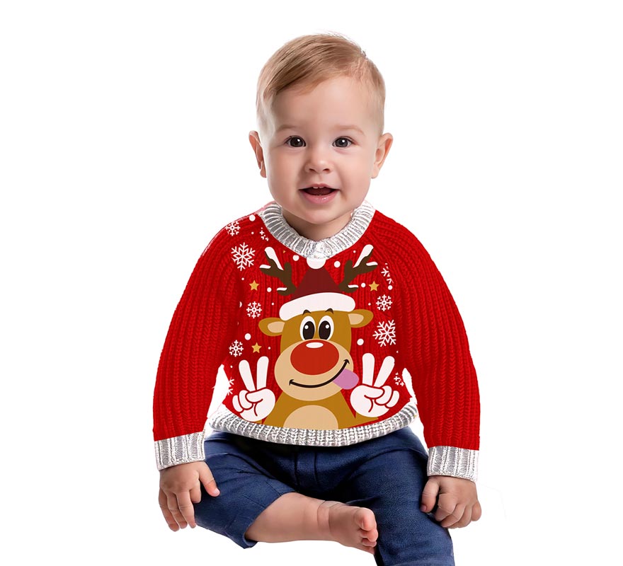 Pull de Noël rouge Happy Reindeer pour bébé-B