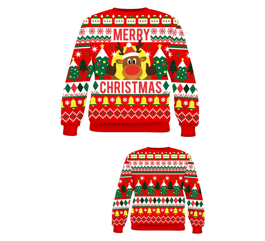 Red Merry Christmas Reindeer Christmas Sweater for Women-B