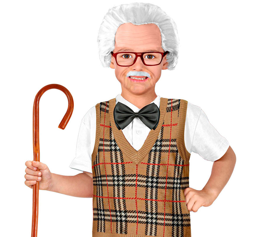 Kit grand-père enfant : bonnet avec cheveux, moustache et lunettes-B