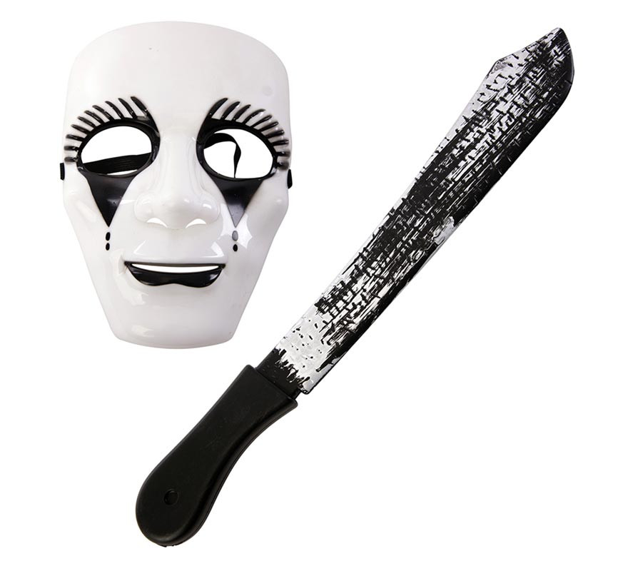 Adult White Assassin Kit: Mask and 18x55 cm machete-B