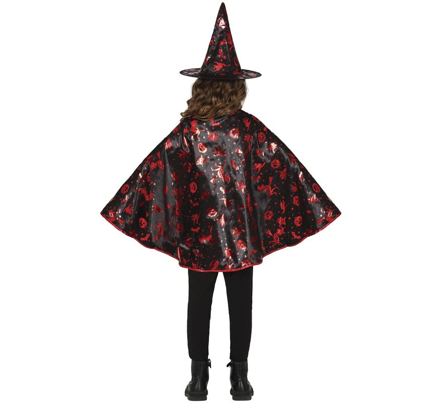 Kit de Bruja negro y rojo Infantil: Capa y Sombrero-B