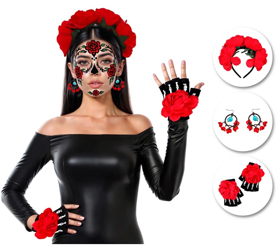 Catrina Kit: Headband, Earrings and Mittens with Flower-B