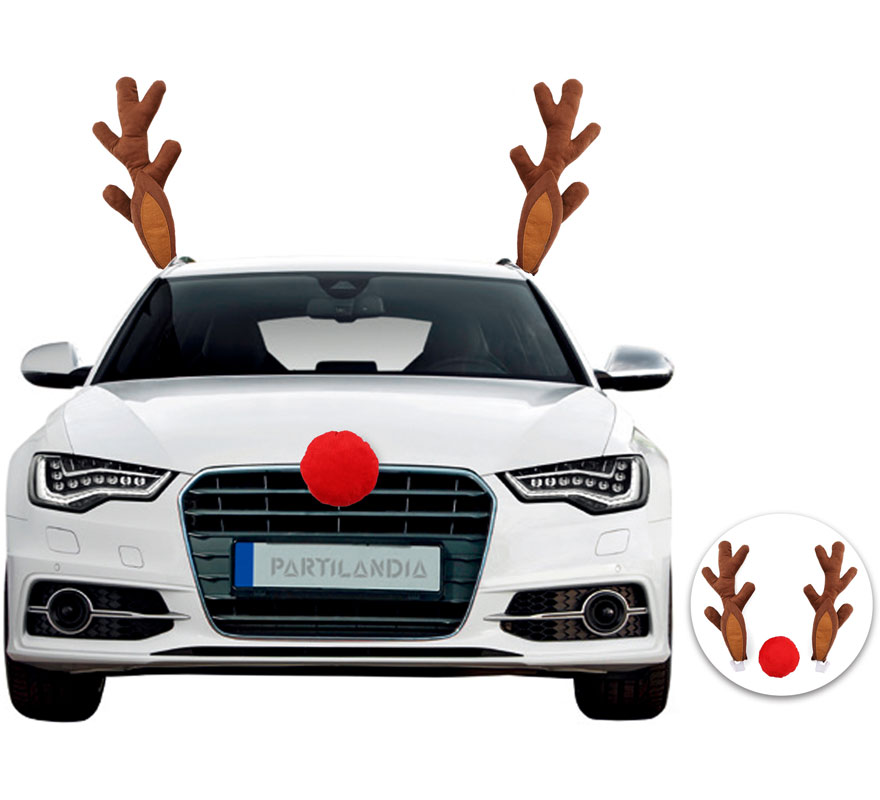 Kit de Cuernos de Reno y nariz roja de decoración para Coche-B