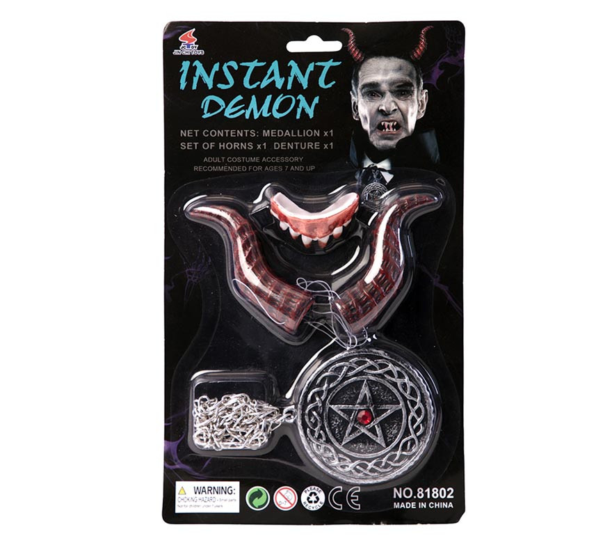 Adult Demon Kit: Horns, teeth and 7.5 cm medallion-B