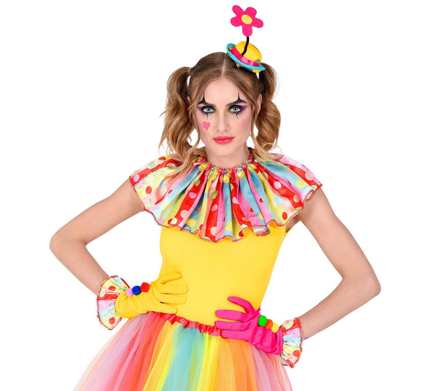 Kit Clown para mulher: Luvas, Chapéu com flor e Colarinho-B