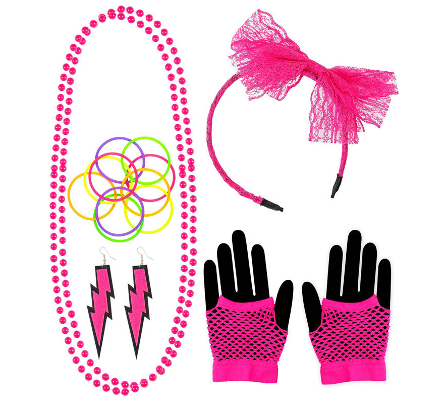 Neon-Kit in verschiedenen Farben der 80er Jahre: Stirnband, Halskette, Armbänder, Ohrringe und Hands-B