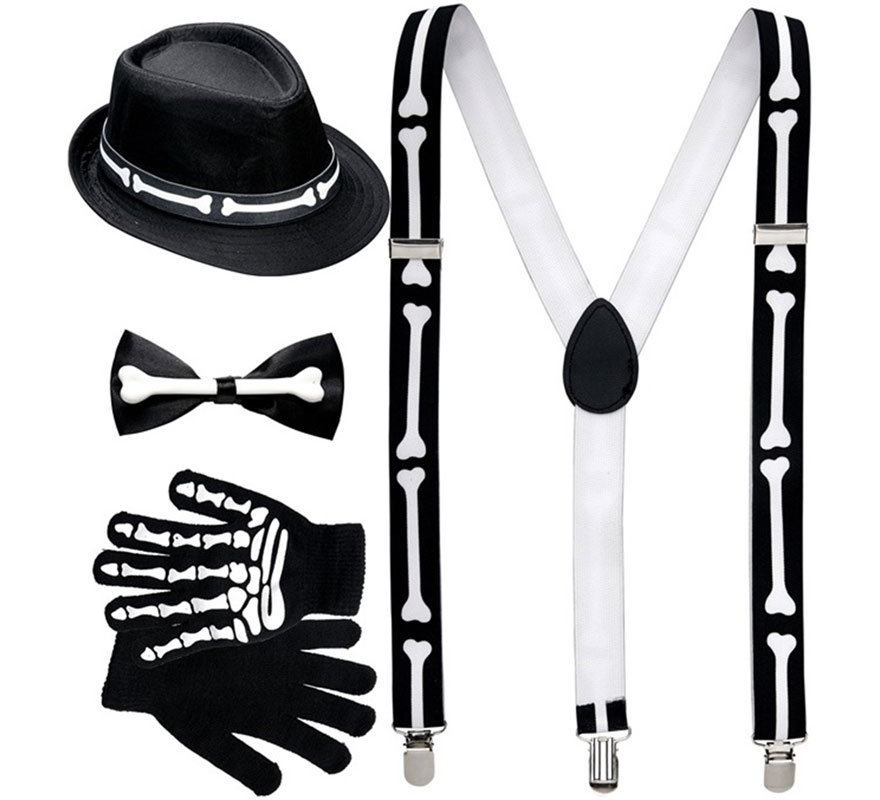 Kit de Fato elegante de esqueleto masculino: suspensórios, gravata borboleta, luvas e chapéu de osso-B