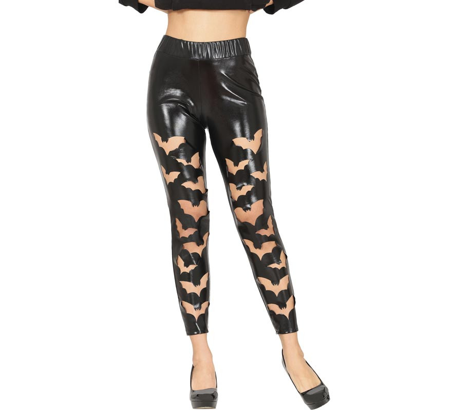 Black Bat Faux Leather Leggings for Women-B