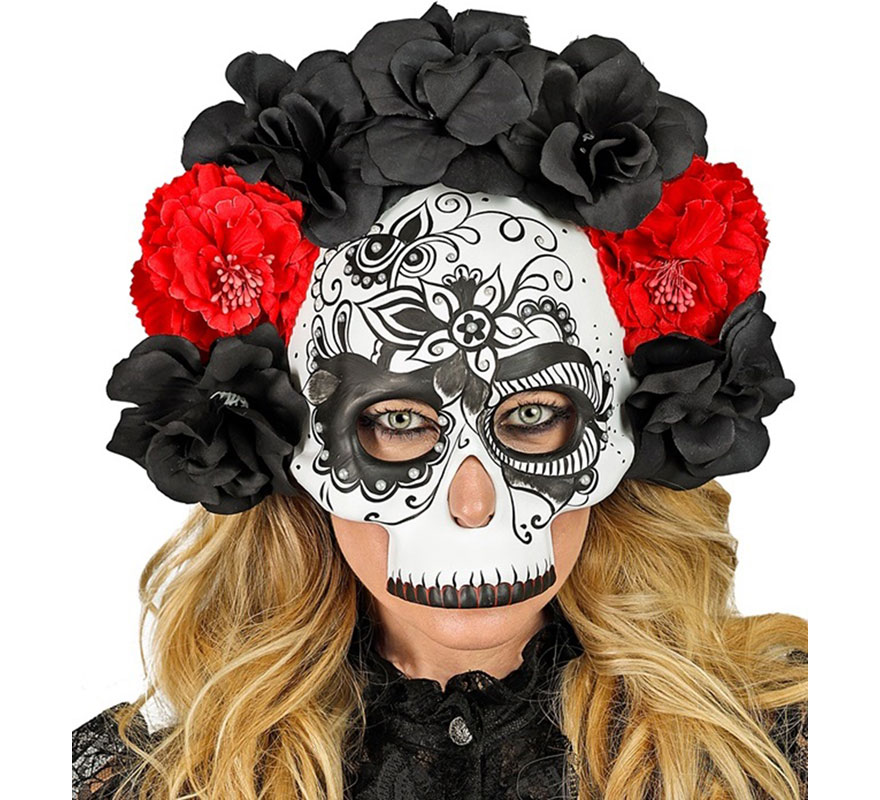 Day of the Dead Skull Mask with Black and Red Roses-B