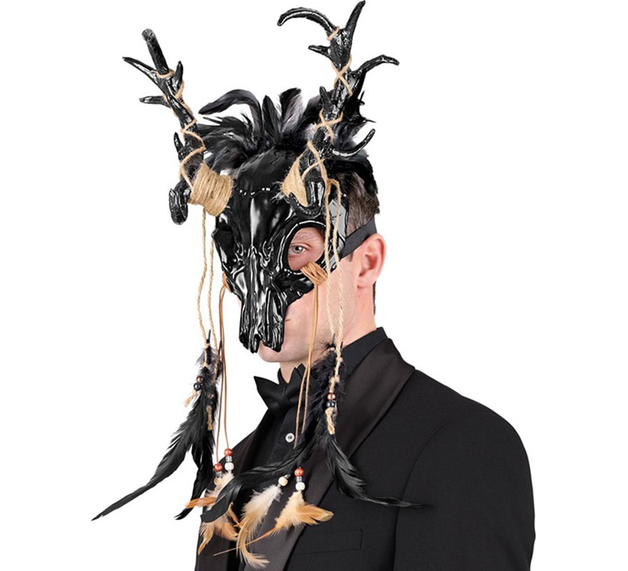 Schwarze Totenkopf-Schamanenmaske mit Federn-B