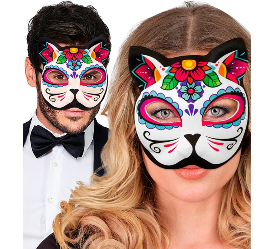 Máscara de Gato Catrina Día de Los Muertos sin Barbilla-B