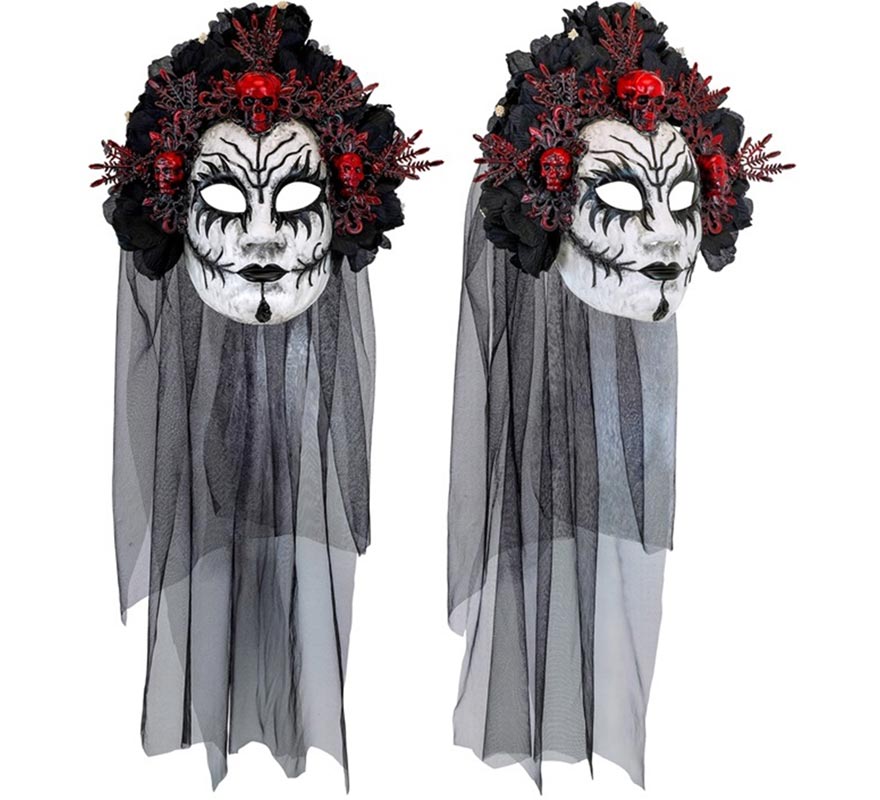 Máscara de Reina de La Muerte con Rosas negras y Velo-B