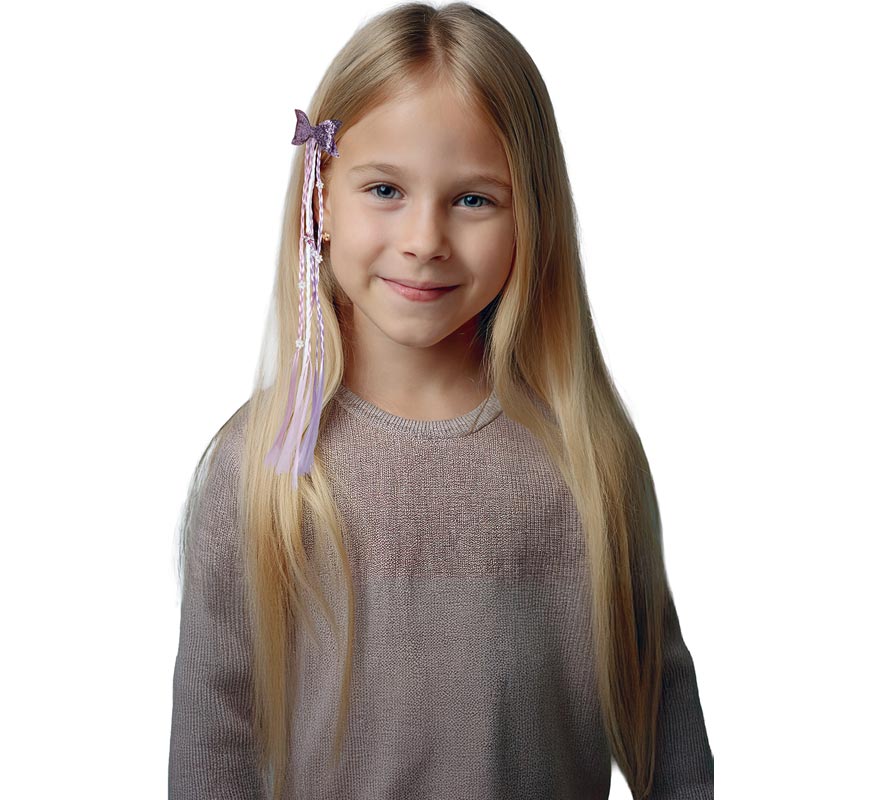 Mechón Trencitas lila y rosa con Lazo de 30 cm-B