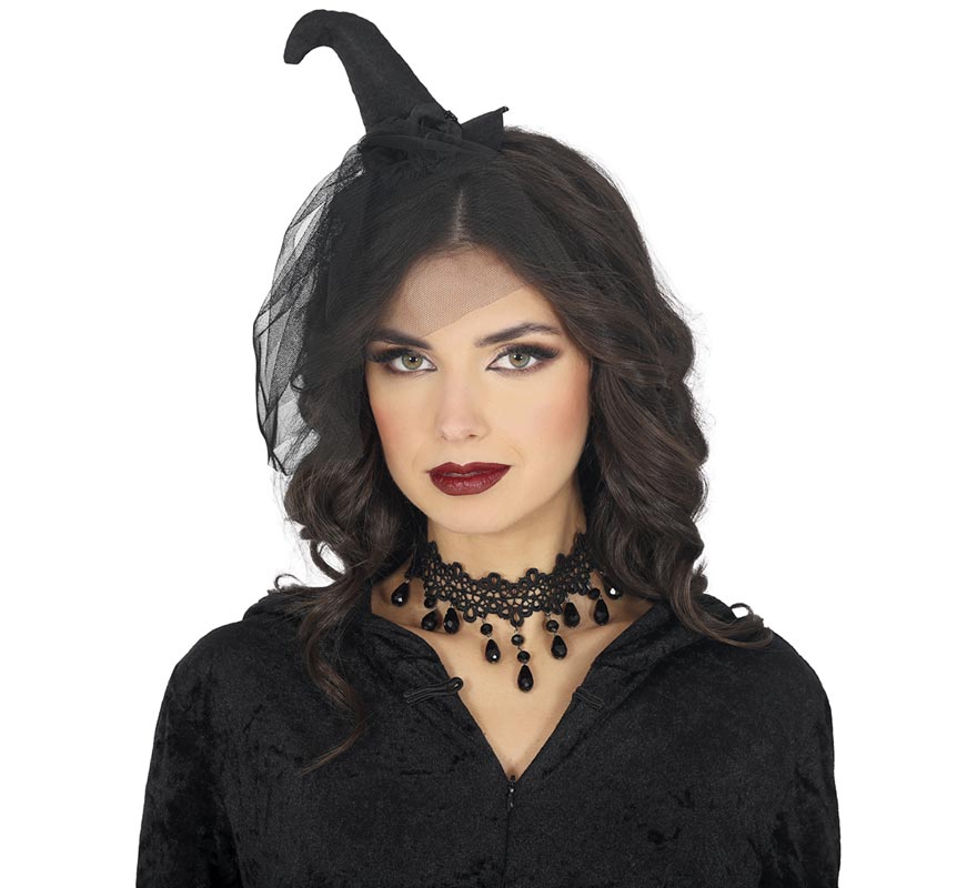Mini black witch hat with black veil-B