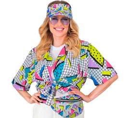 Camisa branca estampada dos anos 80 para adultos Camisa branca estampada dos anos 80 para adultos