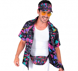Camisa preta estampada dos anos 80 para adultos Camisa preta estampada dos anos 80 para adultos