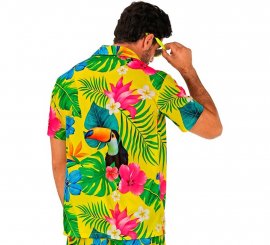 Camisa havaiana masculina de manga curta com estampa de tucano Camisa havaiana masculina de manga curta com estampa de tucano
