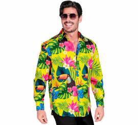 Camisa havaiana masculina de manga comprida com estampa de tucano Camisa havaiana masculina de manga comprida com estampa de tucano
