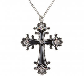 Black Cross Pendant Necklace with Rhinestones