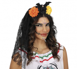 Faixa de cabeça com véu e flores Faixa de cabeça com véu e flores