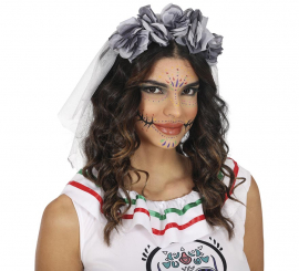 Headband with Veil and Gray Flowers