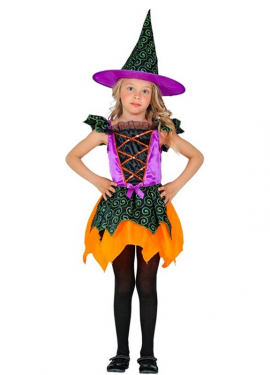Fato de bruxa laranja e lilás para menina Fato de bruxa laranja e lilás para menina