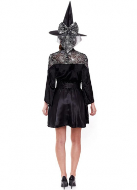 Fato elegante de bruxa preta com cinto para mulher Fato elegante de bruxa preta com cinto para mulher