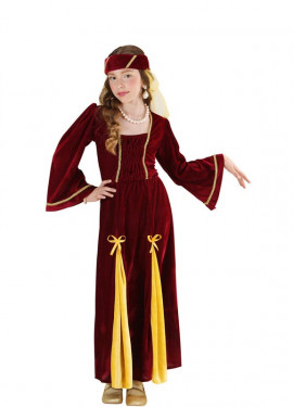 Elegante disfarce de princesa medieval bordô com cocar para menina Elegante disfarce de princesa medieval bordô com cocar para menina