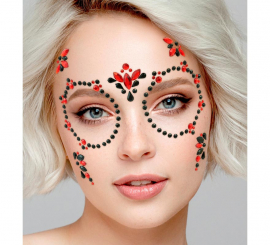 Gemas Faciales Adhesivas de Día de Los Muertos rojo y negro
