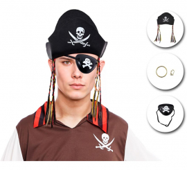 Kit Pirata: Chapéu com Tranças, Brinco e Tapa-Olho Kit Pirata: Chapéu com Tranças, Brinco e Tapa-Olho