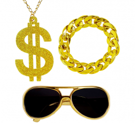 Kit Rapper ou Sheik Árabe: Óculos, Colar de Dólar e Pulseira Kit Rapper ou Sheik Árabe: Óculos, Colar de Dólar e Pulseira