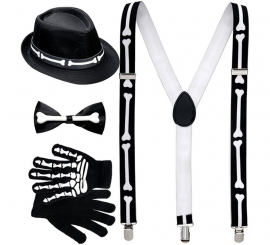 Kit de Fato elegante de esqueleto masculino: suspensórios, gravata borboleta, luvas e chapéu de osso Kit de Fato elegante de esqueleto masculino: suspensórios, gravata borboleta, luvas e chapéu de osso