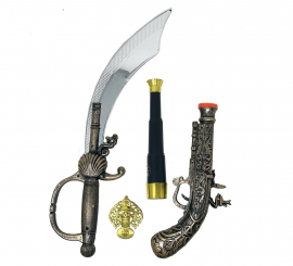Pack Armas Pirata: Espada, Pistola, Catalejo y Medalla de Plástico