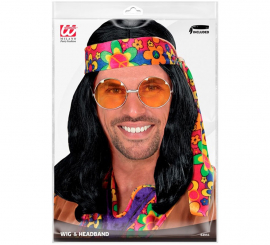Peruca hippie preta com bandana Peruca hippie preta com bandana